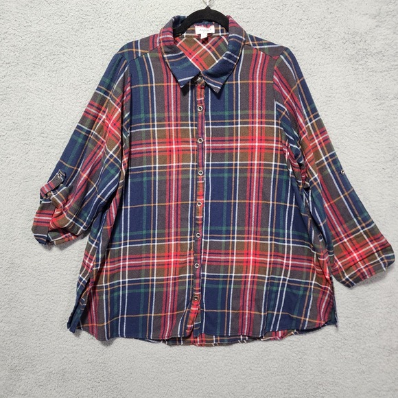 ANDREE BY UNIT Tops - Andree by Unit Womens Flannel Long Sleeve Size 1X Red Blue Button Down Plus Size